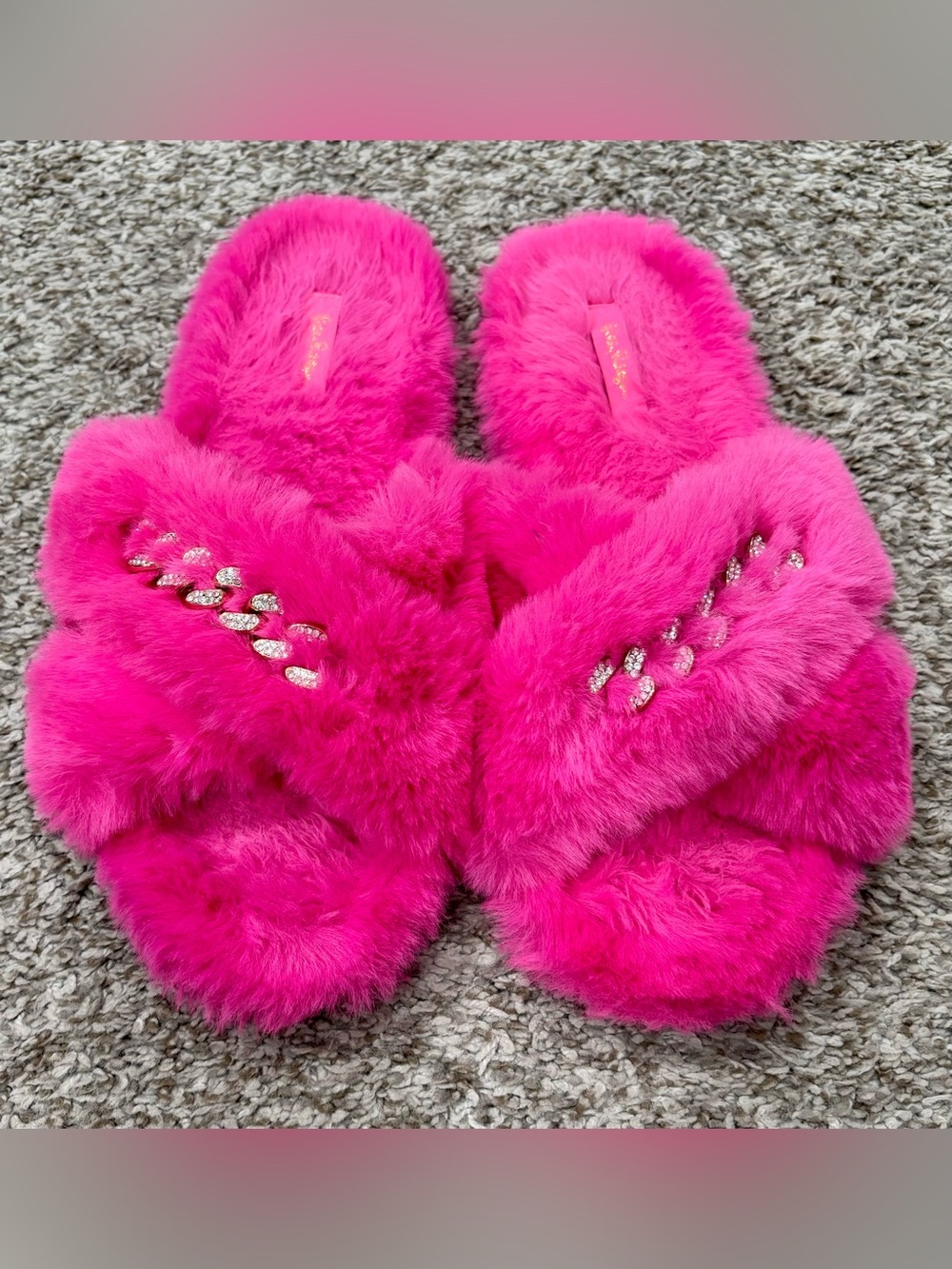Lilly Pulitzer Hot Pink Faux Fur Slide Slippers with Crystal Accent